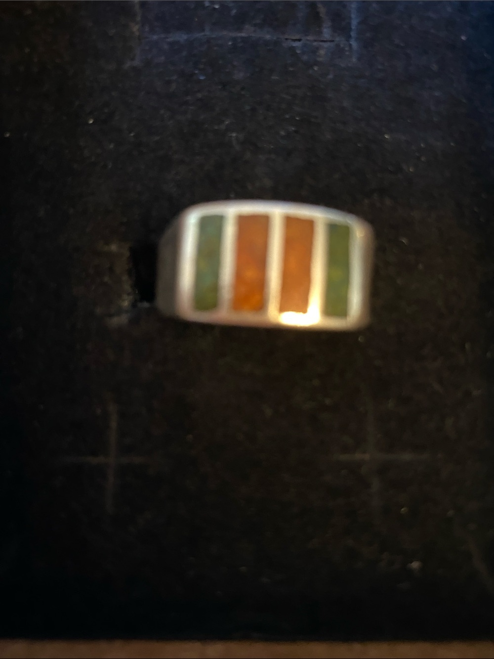 Classic Southwestern Silver Vertival Stripe Ring in Green and Rust inlay